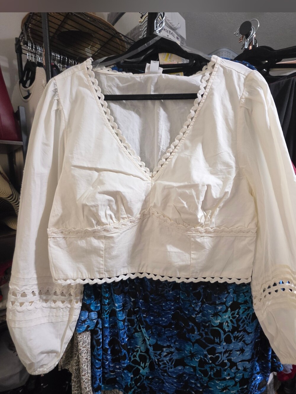 A New Day  Cream V-Neck Cropped Lace-Trim Peasant Blouse